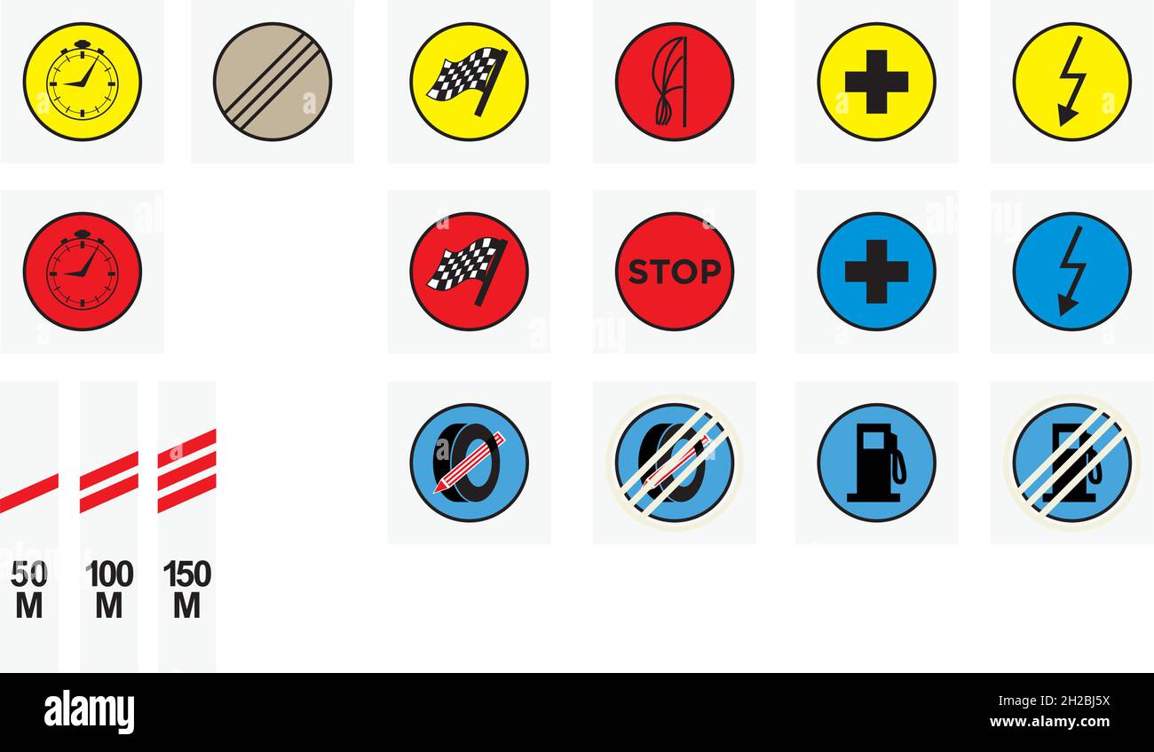 Insegne ufficiale set completo per sport motoristici, rallying, sport automobilistici, palcoscenici speciali. Controllo del tempo, avvio, volo finale, arresto, punto intermedio, punto sos. Illustrazione Vettoriale
