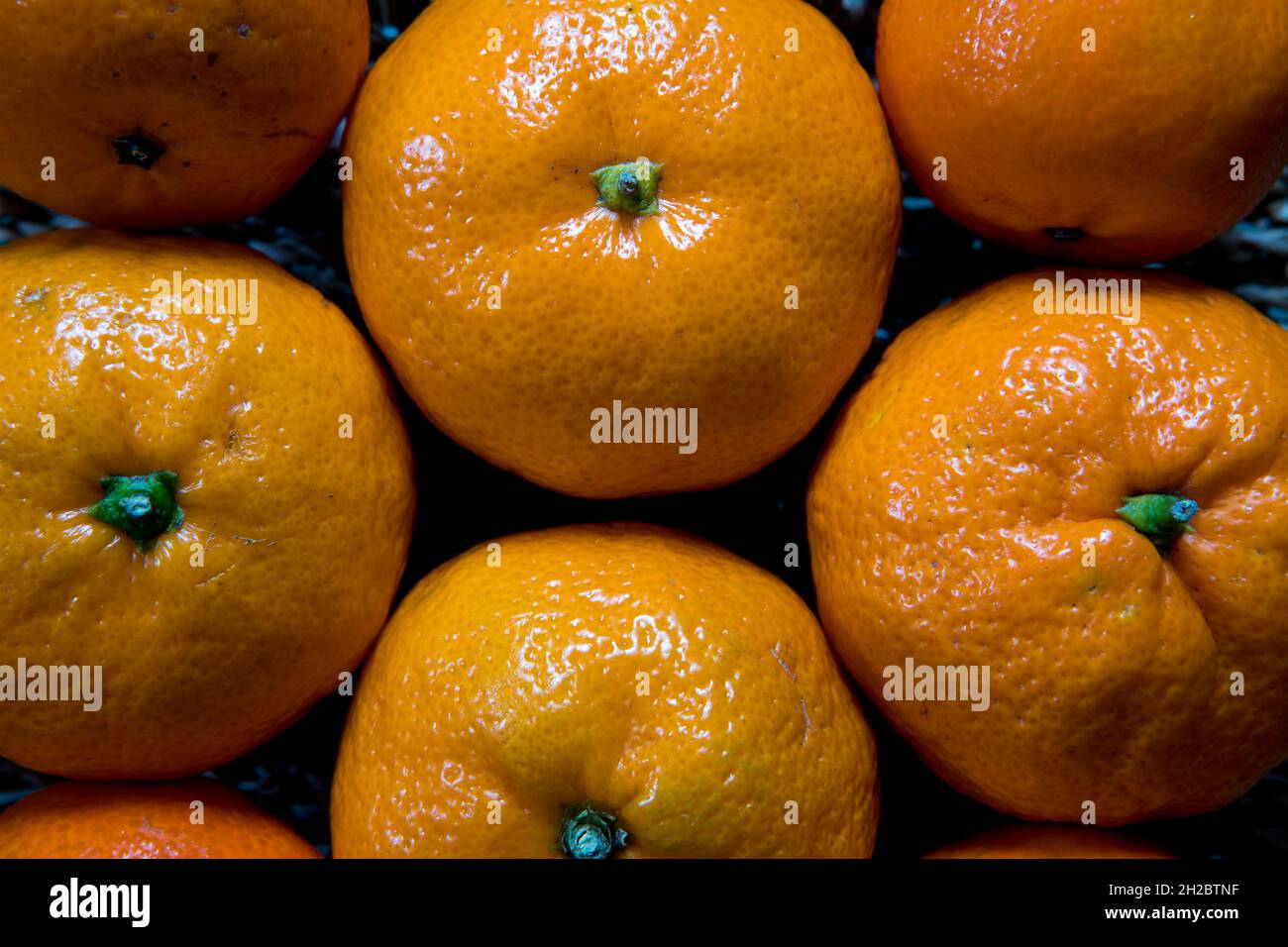 Sfondo mandarino arancione. Frutta fresca e matura per un'alimentazione sana Foto Stock