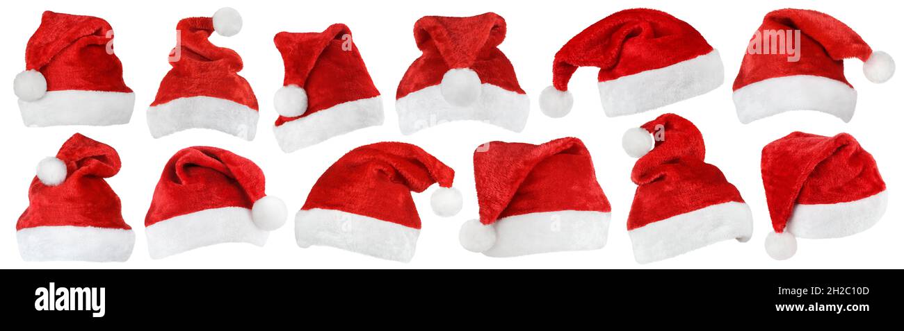 Set di Natale rosso cappello di Babbo Natale isolato su sfondo bianco Foto Stock