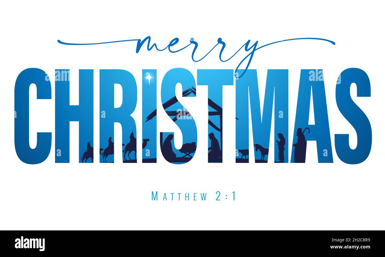 Buon Natale elegante scritta con presepio scena. Storia di Natale Maria, Giuseppe e Gesù Bambino in mangiatoia con stella. Nascita di Cristo nel testo Illustrazione Vettoriale