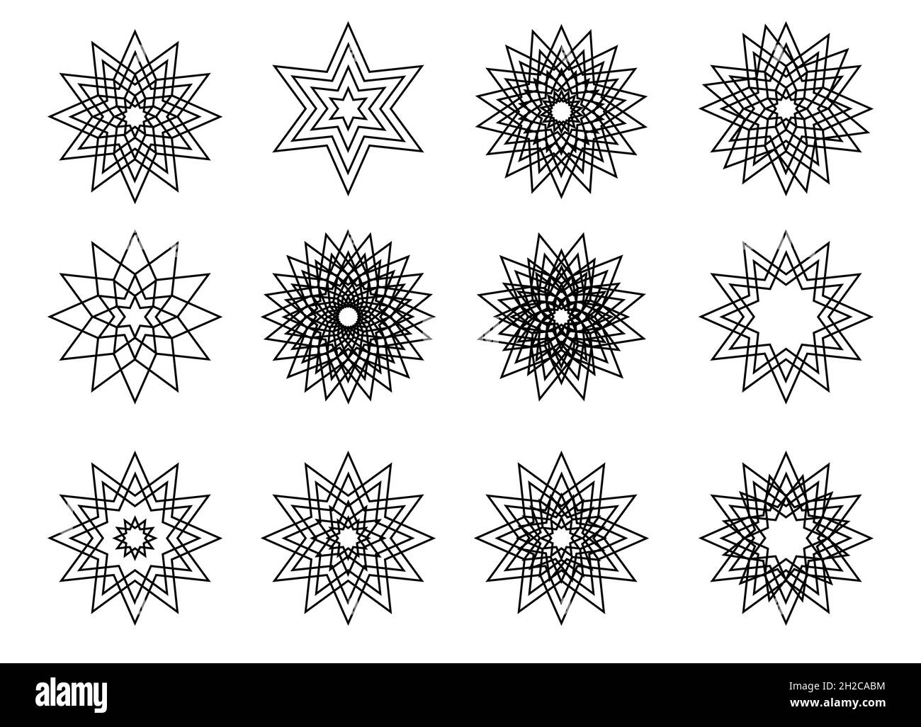 Set di mandala con fiocchi di neve simmetrici, icone a forma di stella. Illustrazione vettoriale in bianco e nero Illustrazione Vettoriale