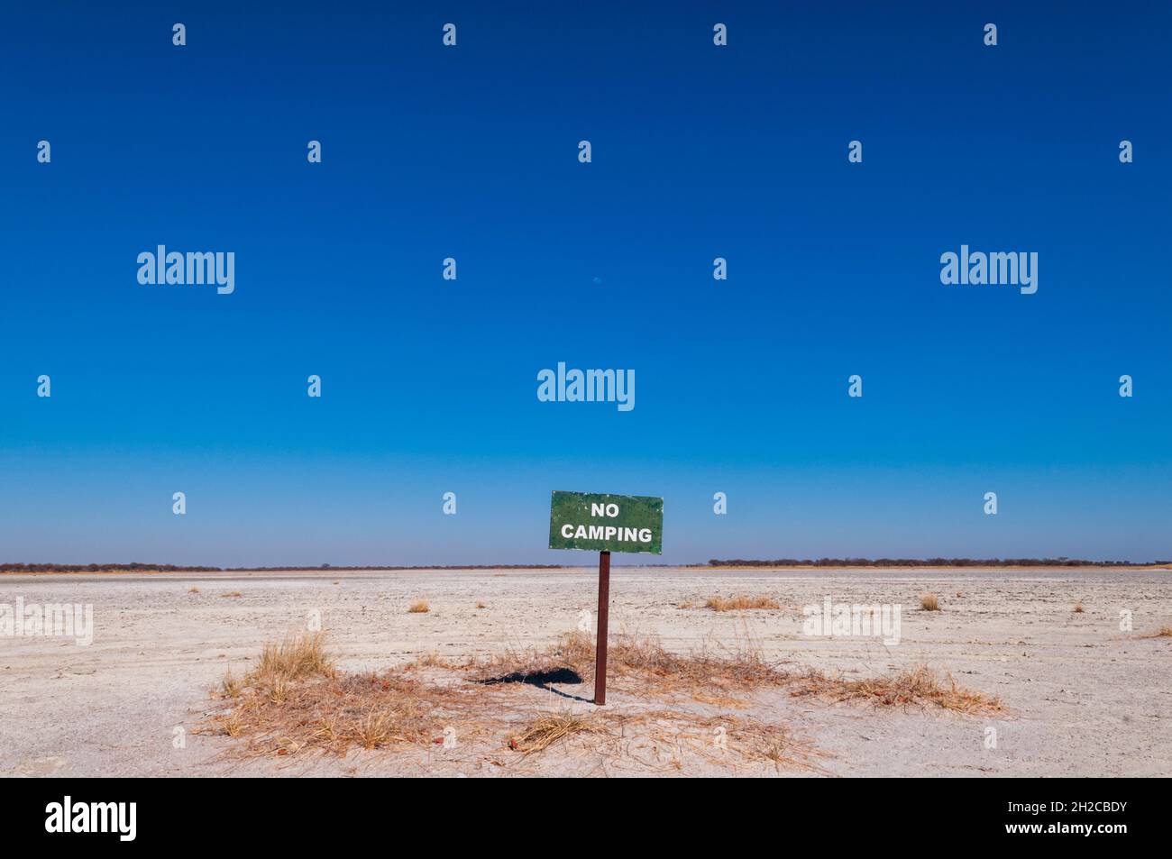 A No Camping segno nelle ampie saline a Kudiakam Pan. Kudiakam Pan, Parco Nazionale di Nxai Pan, Botswana. Foto Stock