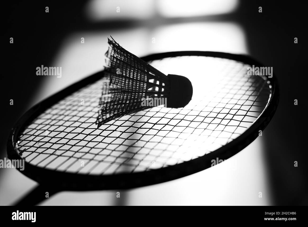 Silhouette di racket e shuttleock badminton sullo sfondo dell'ombra dalla finestra. Gioco attivo e mobile. Sfondo monocromatico astratto. Foto Stock