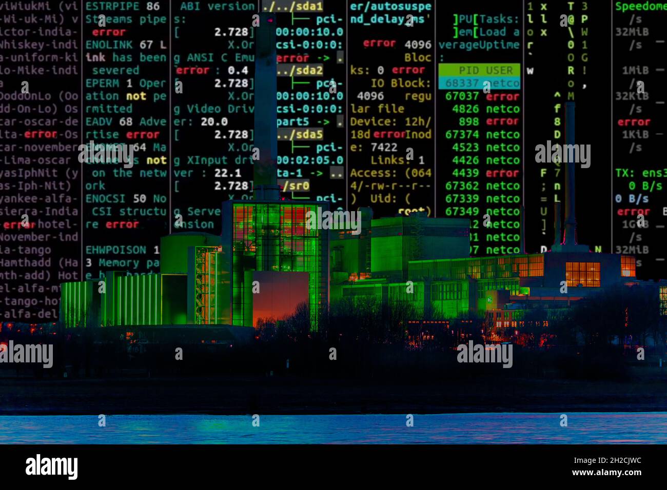 Immagine simbolica cyber attacco, criminalità informatica, cybercrimine, computer hacker attacco infrastruttura INFORMATICA di una città, centrale elettrica, Düsseldorf Foto Stock