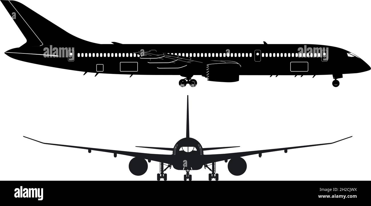 Boeing-787 per passeggeri con silhouette Dreamliner. Formato vettoriale EPS-8 disponibile separato da gruppi e livelli per una facile modifica Illustrazione Vettoriale