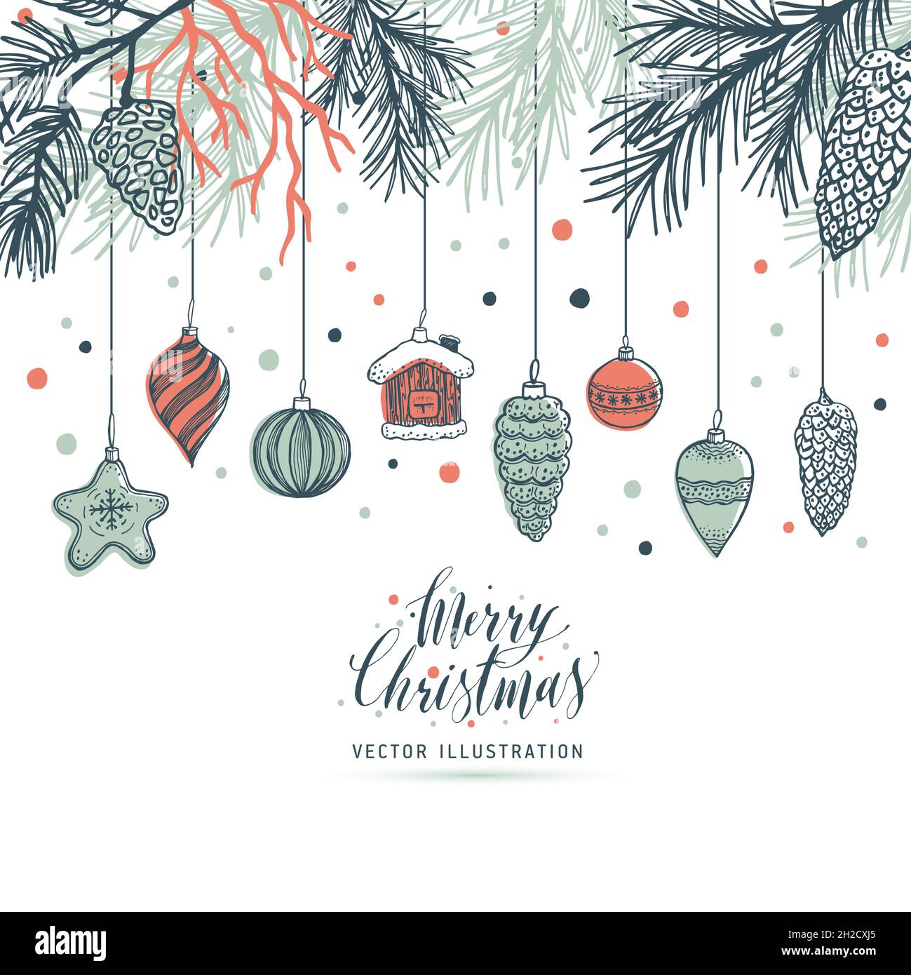 Albero di pelliccia di Natale disegnato a mano con palle, giocattoli e cono di abete, per il design di Natale. Illustrazione vettoriale su sfondo bianco. Illustrazione Vettoriale