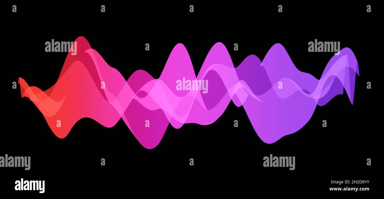 Forma d'onda rossa, rosa e viola con gradiente astratto o onde sonore su sfondo nero Foto Stock