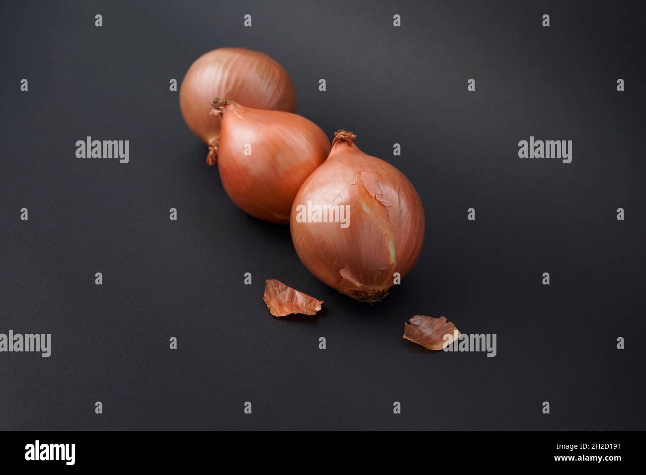 Il bulbo di cipolla radica lo styling del cibo contro il nero lucido texture sfondo astratto. Foto Stock