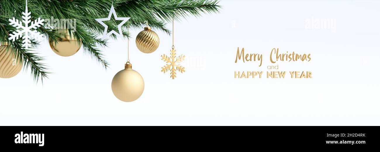 Biglietto di auguri di Natale con decorazioni dorate per le vacanze su sfondo bianco 3d rendering illustrazione 3d Foto Stock