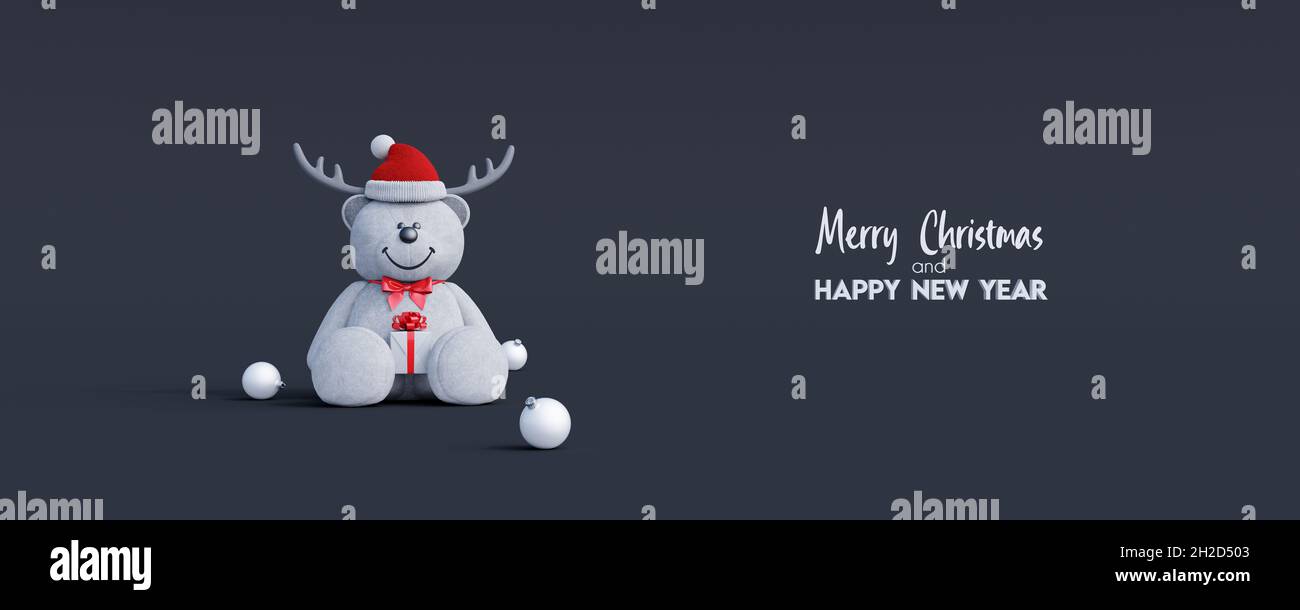 Orsacchiotto con renne corna cappello tenere regalo di Natale. Illustrazione 3d del rendering del concetto di sfondo delle vacanze invernali Foto Stock