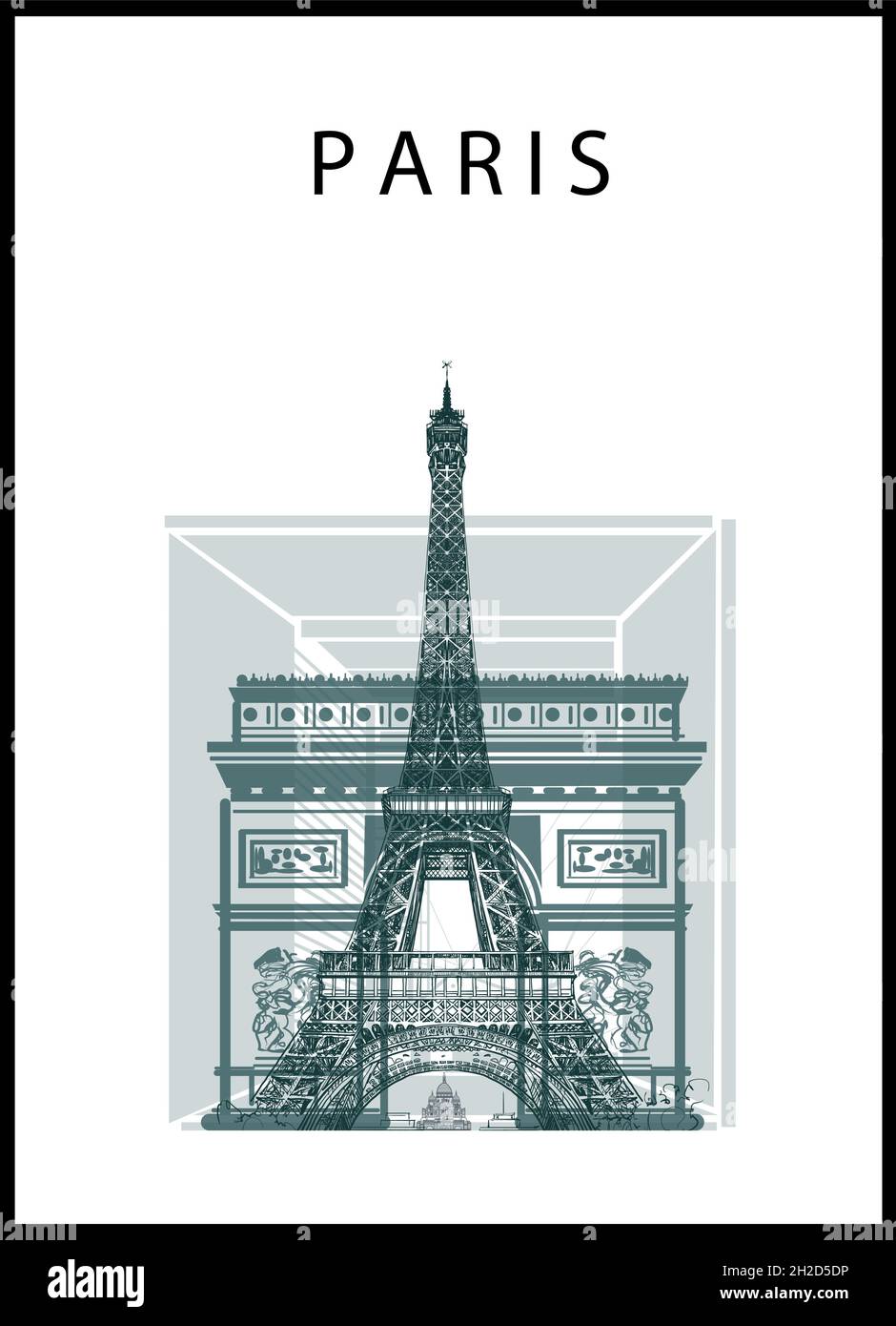 Poster di Parigi con Torre Eiffel, arco di trionfo; Grande arche e sacre coeur basilico - illustrazione vettoriale Illustrazione Vettoriale