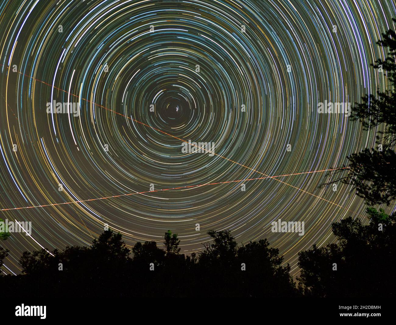 Fotografia notturna STAR sentieri con le luci degli aerei nel East Sierra Bristlecone Pine, California, Stati Uniti Foto Stock