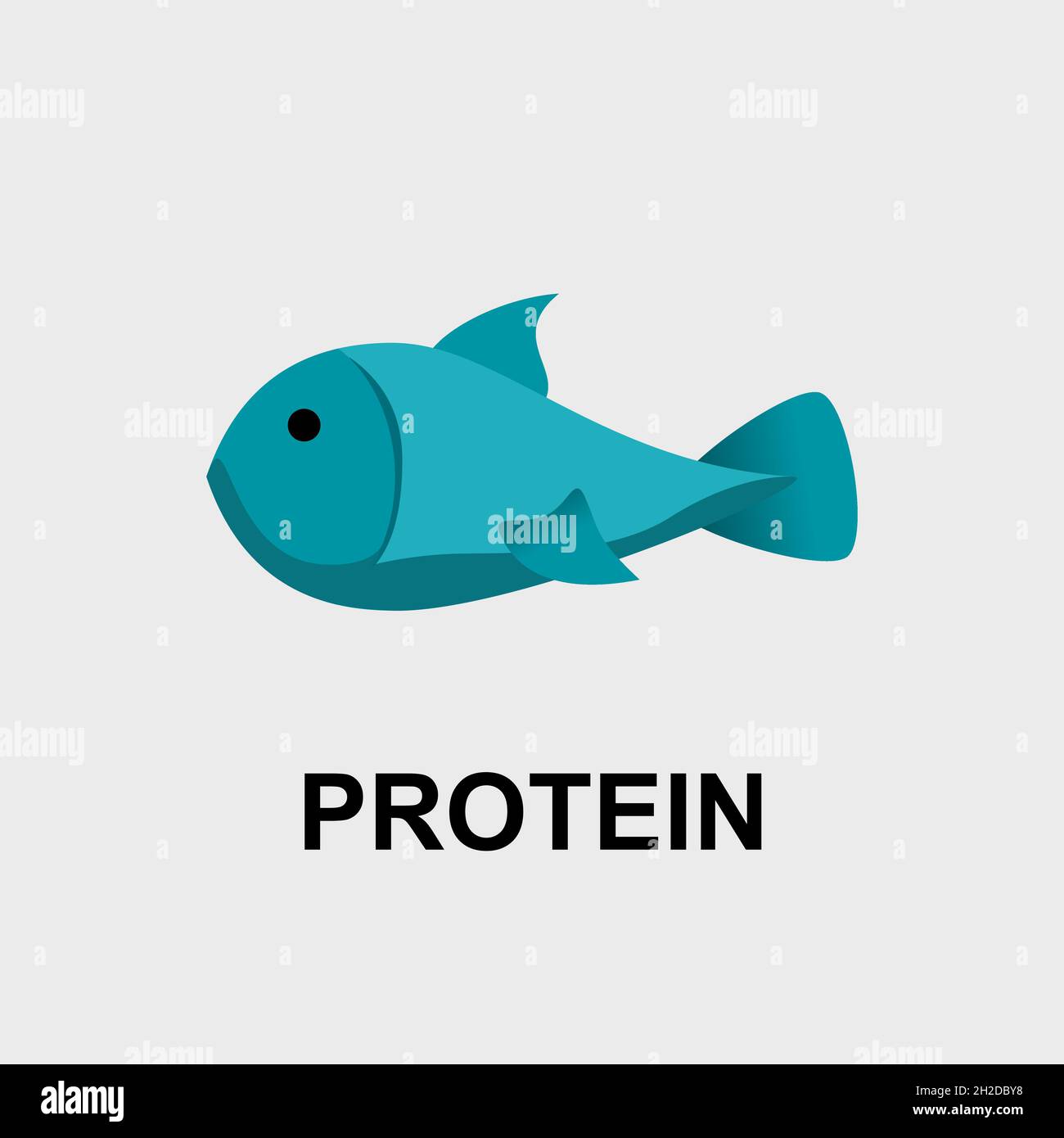 Icona vettoriale di un disegno di pesce cartoon blu, che simboleggia carne di pesce, e proteine scritte sotto. Per i diagrammi di Keto, mangiare sano, loghi del negozio di animali domestici. Illustrazione Vettoriale