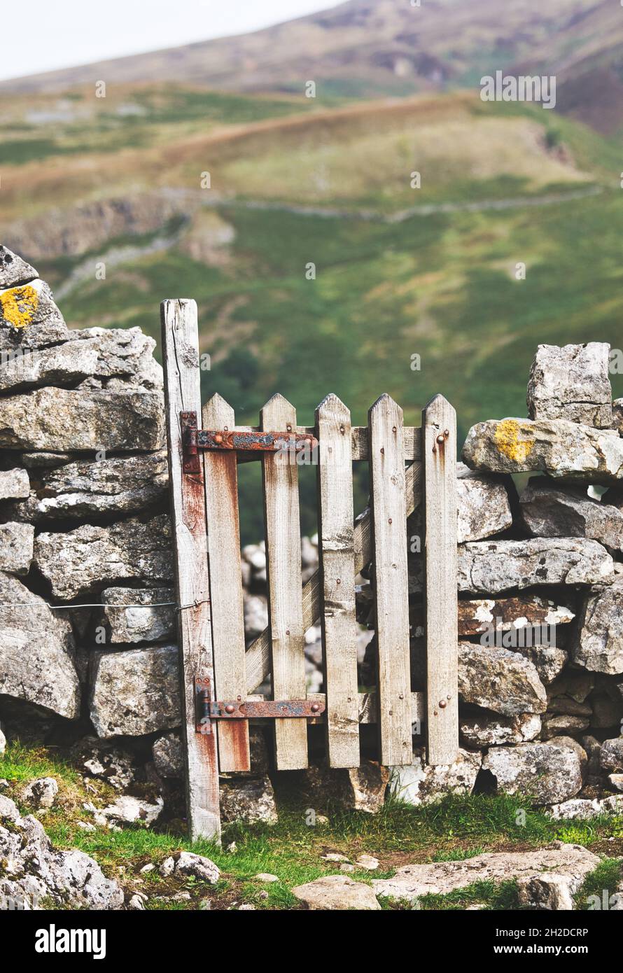 Porta di legno in muratura di pietra asciutta sulla Pennine Way a Swaledale, Yorkshire Dales National Park, Richmondshire, North Yorkshire, Inghilterra Foto Stock