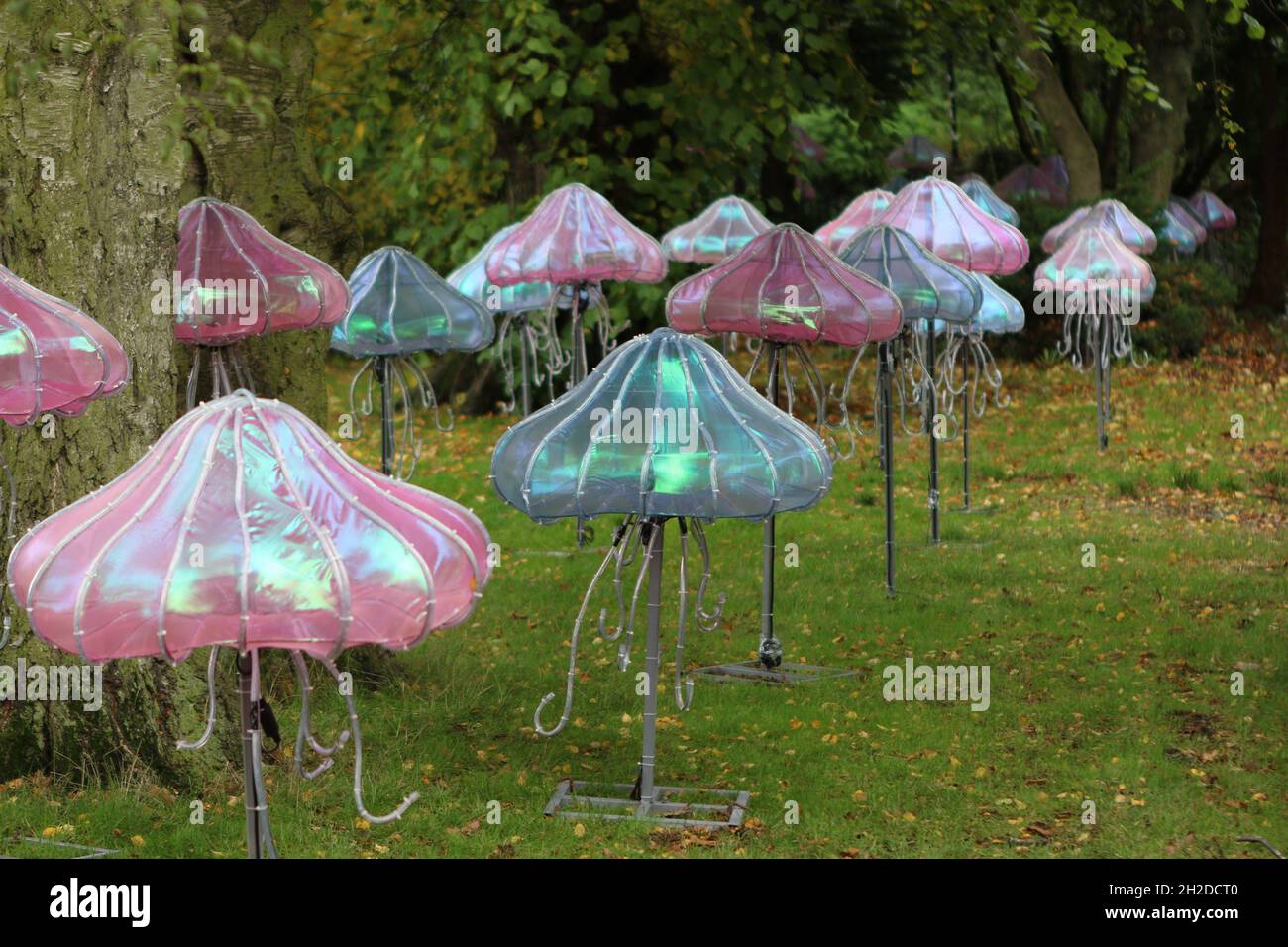 Una fila di funghi artificiali che fanno parte dell'esposizione botanica Bright Lights Foto Stock