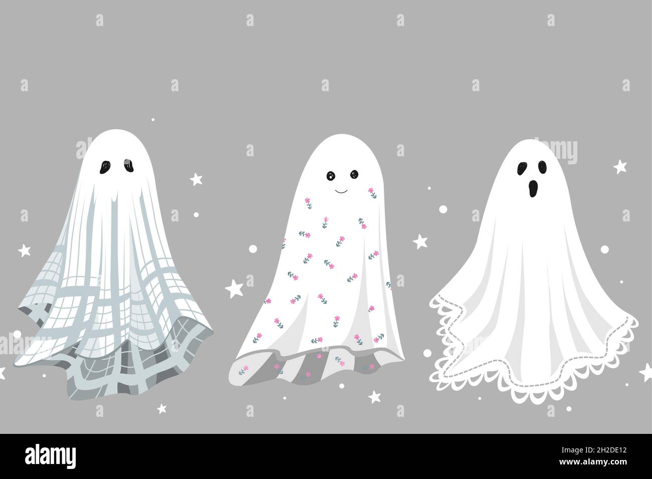 Modello senza cuciture con fantasmi carini in fogli vintage. Elemento di design di bordo per design decorativo di Halloween. Illustrazione vettoriale Illustrazione Vettoriale