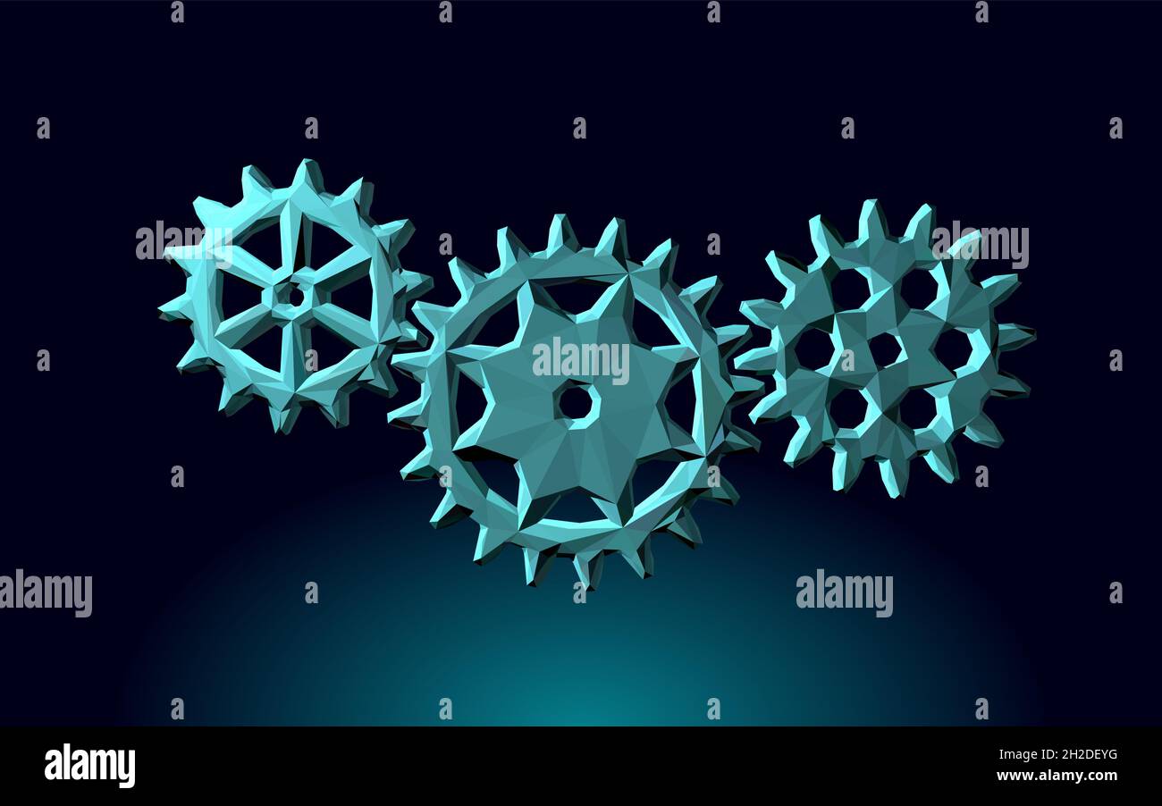 3D Gears Work Progress Concept. Lavoro di squadra per l'ingegneria dei meccanismi dell'industria delle ruote. Analisi dei dati del motore aziendale COG. Vettore di coaching problema creativo Illustrazione Vettoriale