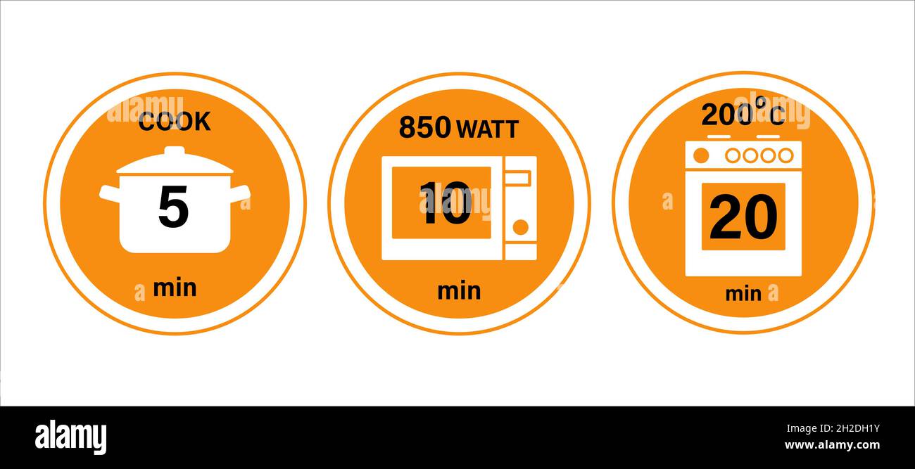 Simboli di istruzioni per la cottura di pentola, forno a microonde e forno. 5,10,20 minuti. Illustrazione vettoriale, modello piatto per imballaggio e istruzioni Illustrazione Vettoriale