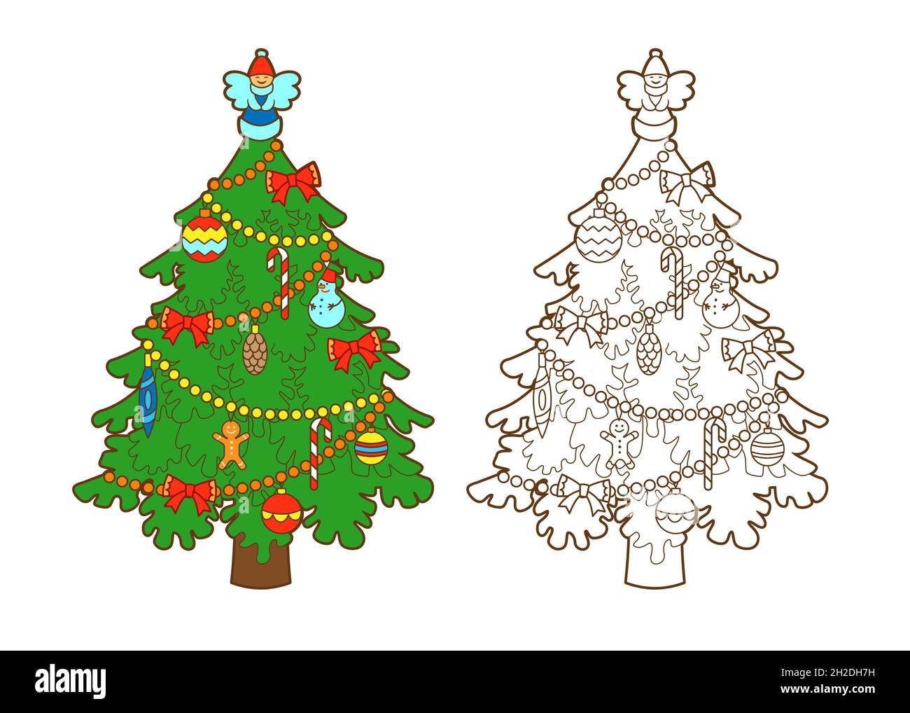 Libro da colorare albero decorato di Natale con un angelo figurine sulla parte superiore, dolci e palle di Natale. Vettore, illustrazione in stile cartoon Illustrazione Vettoriale