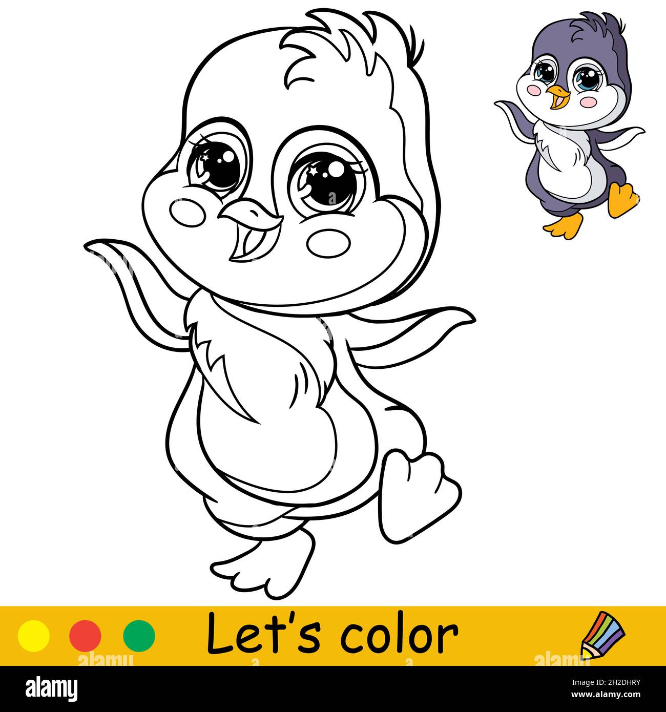 Carino e felice pinguino ballante ragazzo. Colorare la pagina del libro con il modello colorato per i bambini. Illustrazione isolata del cartone animato vettoriale. Per stampa, gioco, educati Illustrazione Vettoriale