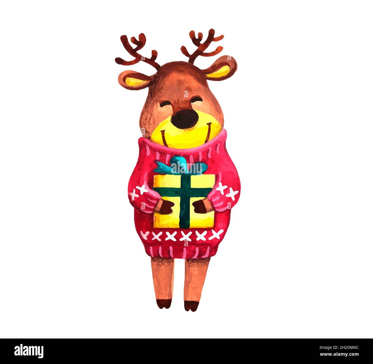 Christmas Reindeer Helper Santa Holding Gift Box Vector Illustrazione Vettoriale