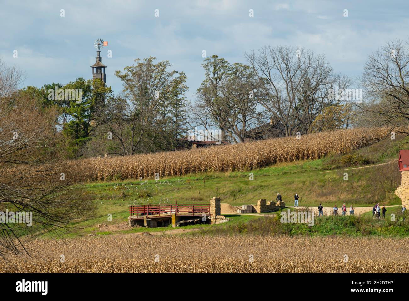 Fotografia della fattoria Taliesin di Frank Lloyd Wright, dove gli studenti di architettura coltivavano il proprio cibo mentre studiavano. Iowa County, vicino a Spring Green, Wisc Foto Stock