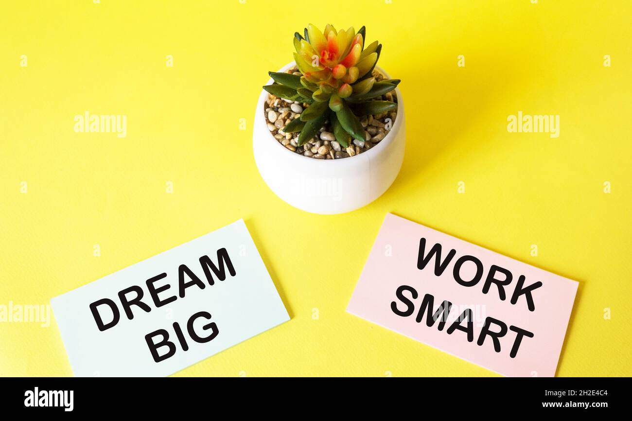 Citazione motivazionale SOGNO GRANDE e LAVORO INTELLIGENTE scritto su adesivi e sfondo giallo Foto Stock
