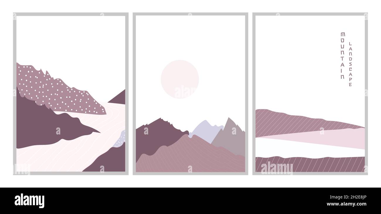 Set di illustrazioni vettoriali di poster di paesaggi montani con un fiume in stile scandinavo. Illustrazione Vettoriale