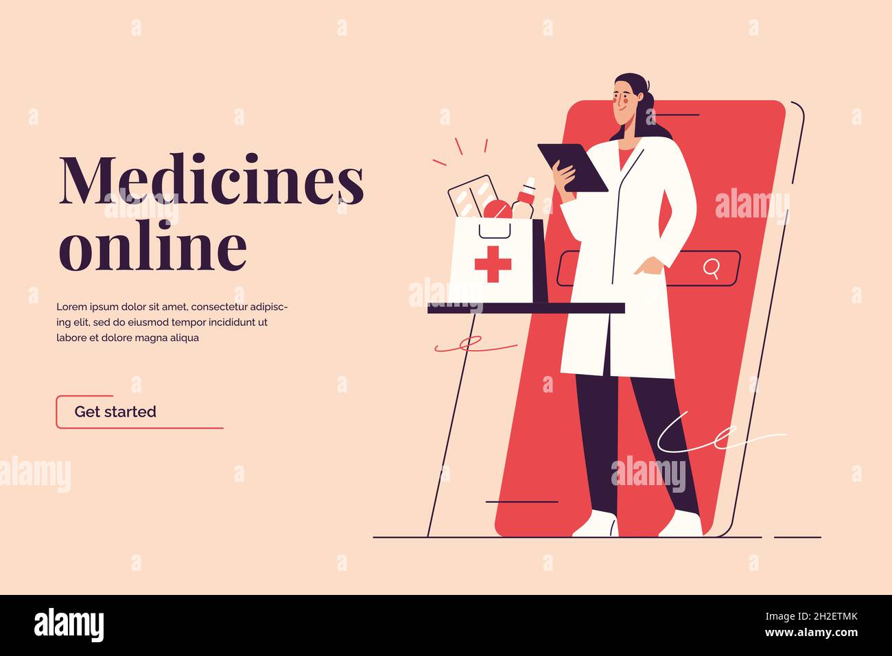 Illustrazione vettoriale sul tema della farmacia online, ordinazione di medicinali tramite smartphone. Tratto modificabile Illustrazione Vettoriale