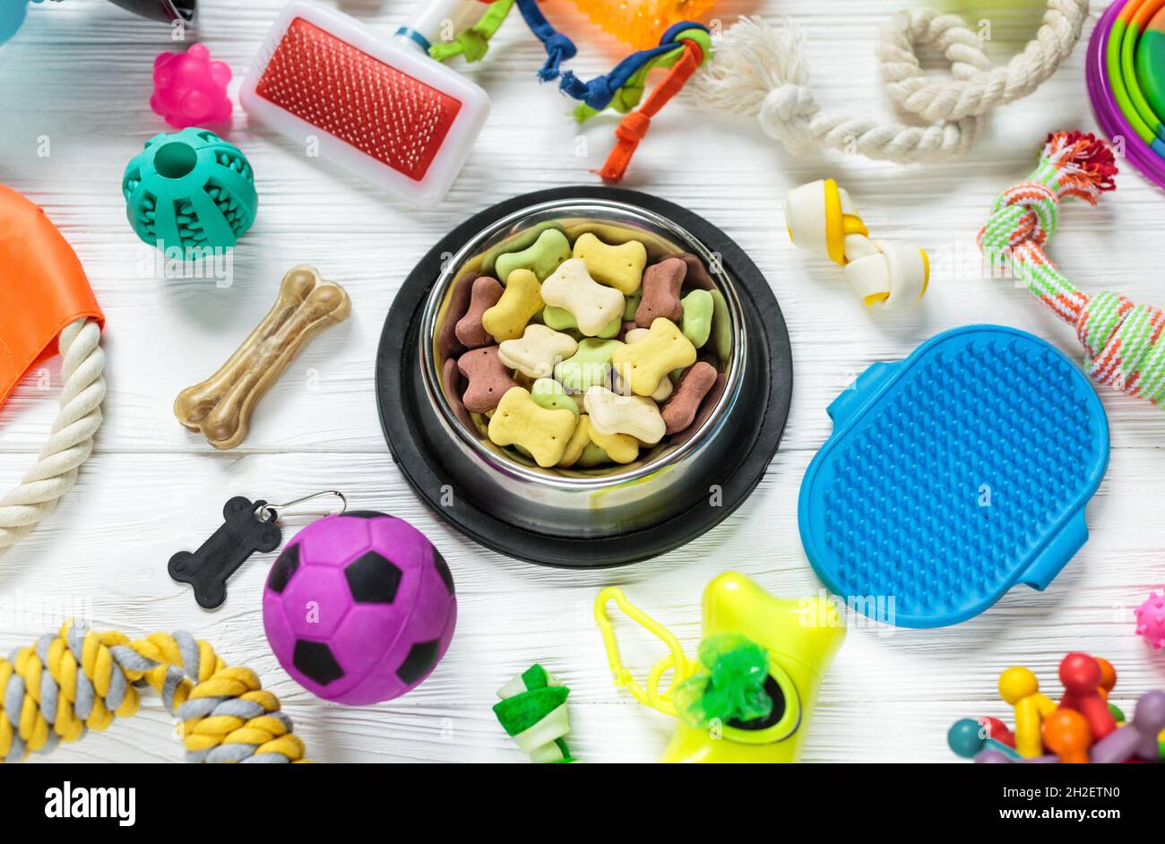 Diversi accessori multicolore per la cura degli animali domestici: Ciotola, ossa, palle, spuntini su sfondo bianco di legno. Giocattoli in gomma e tessuto per cani. Vista dall'alto, Foto Stock