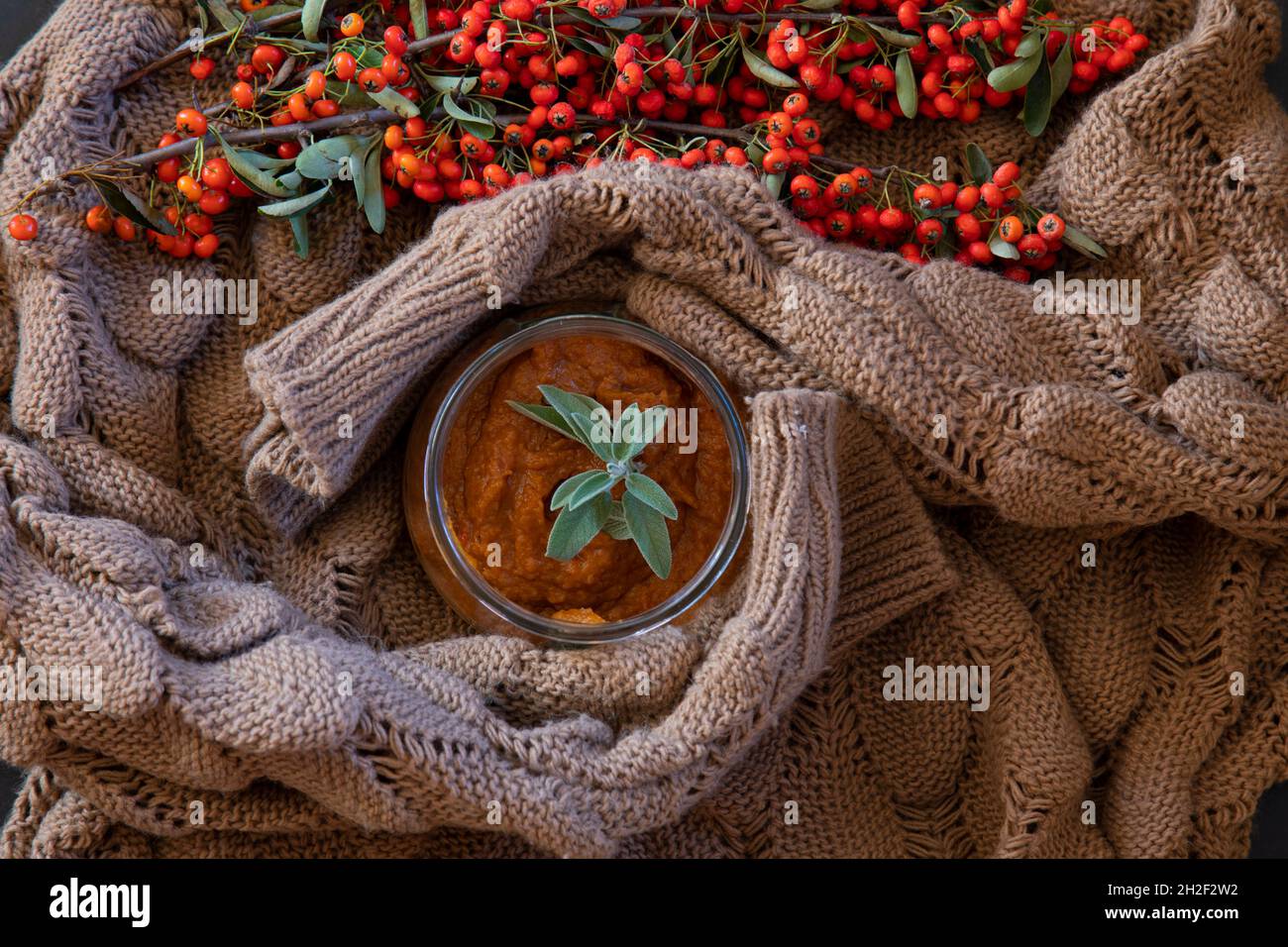 crema di zucchine, decorata con un maglione a maglia beige e frutti di bosco di arancio Foto Stock
