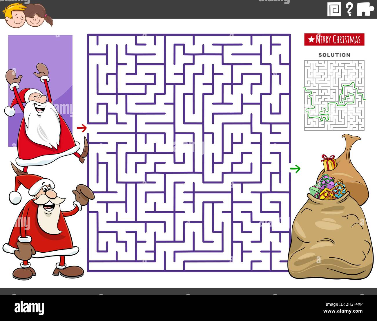 Illustrazione di cartoon di gioco di puzzle di labirinto educativo con i personaggi di Babbo Natale e sacchi di regali di Natale Illustrazione Vettoriale