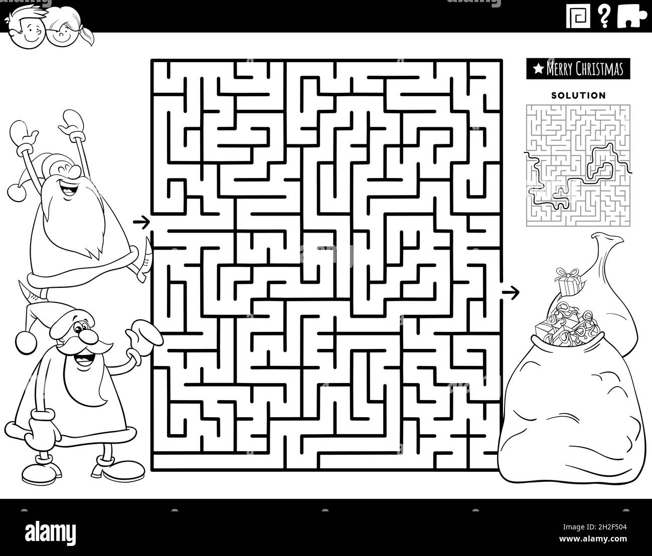 Illustrazione cartoon in bianco e nero del gioco di puzzle di labirinto educativo con i caratteri di Babbo Natale e sacchi di Natale presenta la pagina del libro da colorare Illustrazione Vettoriale