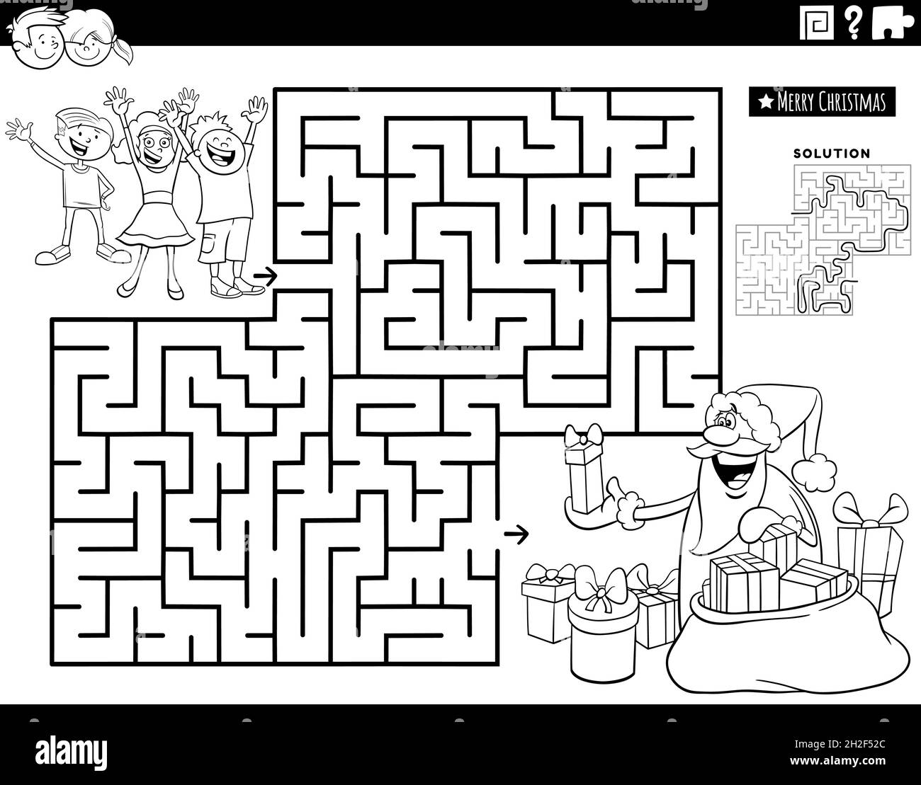 Illustrazione cartoon in bianco e nero del gioco di puzzle di labirinto educativo con Babbo Natale che dà ai bambini Natale presenta la pagina del libro da colorare Immagine e Vettoriale -