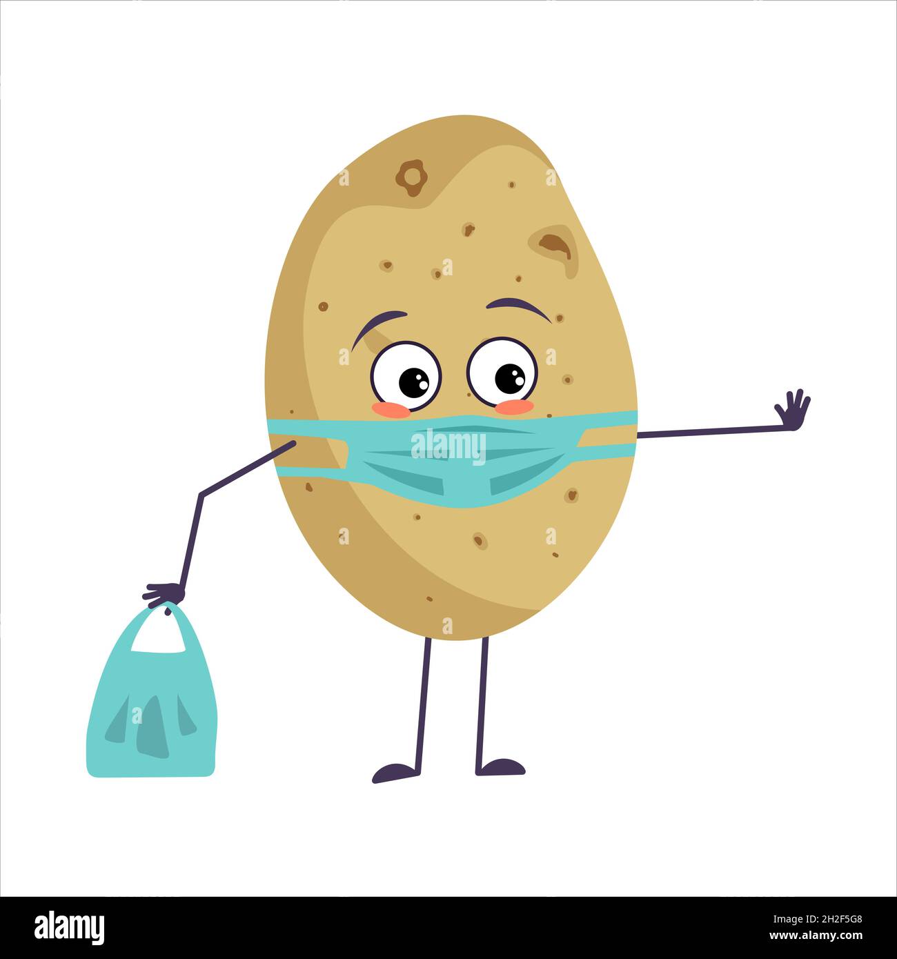 Simpatici personaggi di patate con emozioni, viso e maschera mantenere la distanza, le mani con shopping bag e stop gesture. Un eroe triste, un vegetale con gli occhi. Illustrazione piatta vettoriale Illustrazione Vettoriale