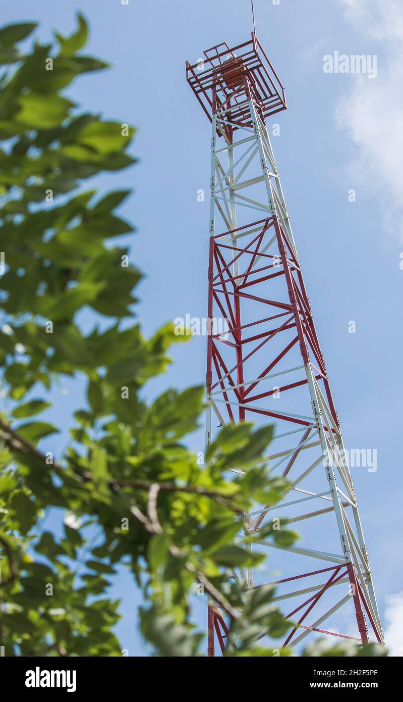 Torre dell'antenna alta rossa e bianca con sfondo blu cielo e foglie in primo piano Foto Stock