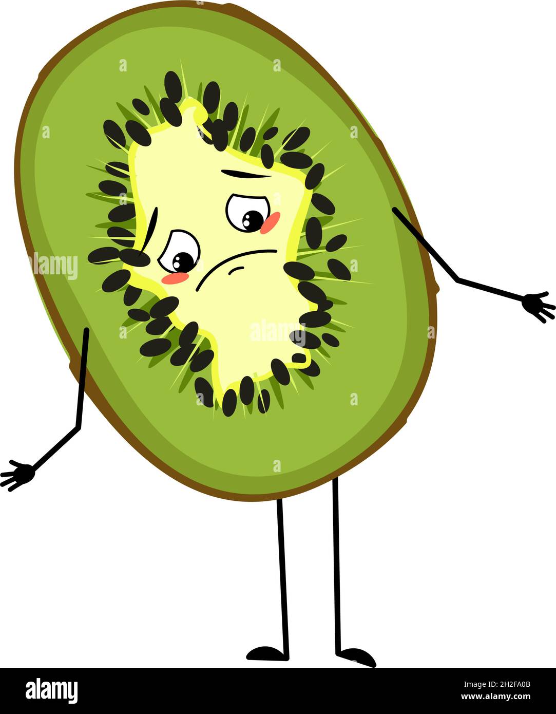 Carino personaggio kiwi con emozioni tristi, occhi calati, viso deprimente, braccia e gambe. Verde esotico frutto tropicale con gli occhi Illustrazione Vettoriale