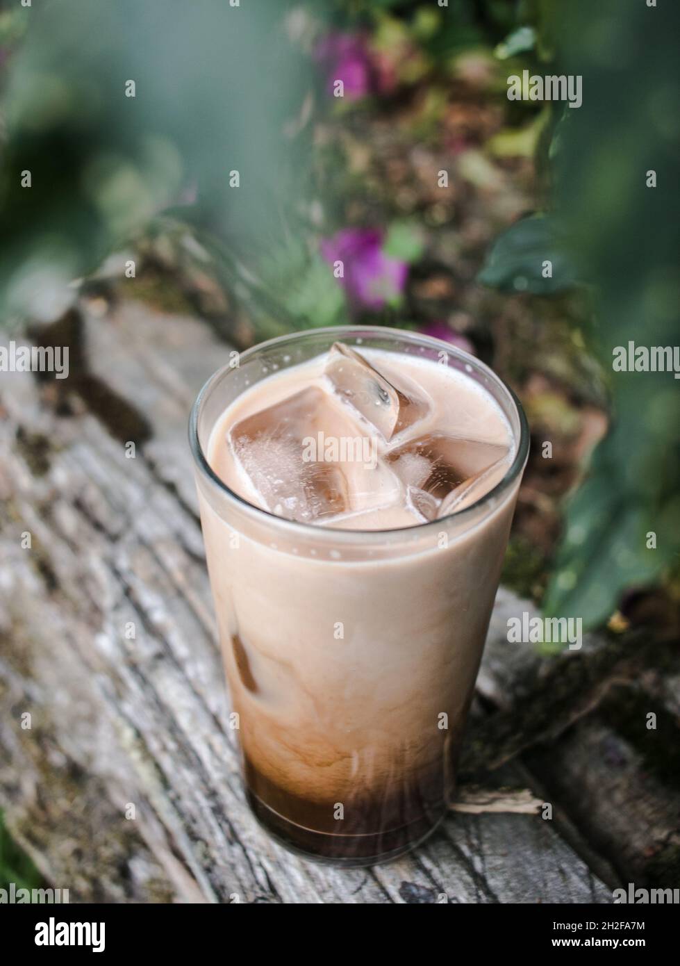 Fotografia di prodotto di caffè ghiacciato all'aperto su panca di legno sotto le foglie Foto Stock