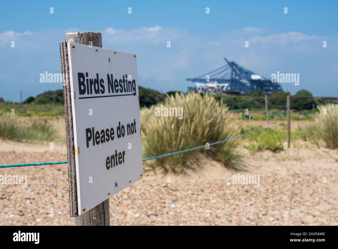 Cartello di nidificazione degli uccelli a Landguard con Felixstowe Docks sullo sfondo Foto Stock