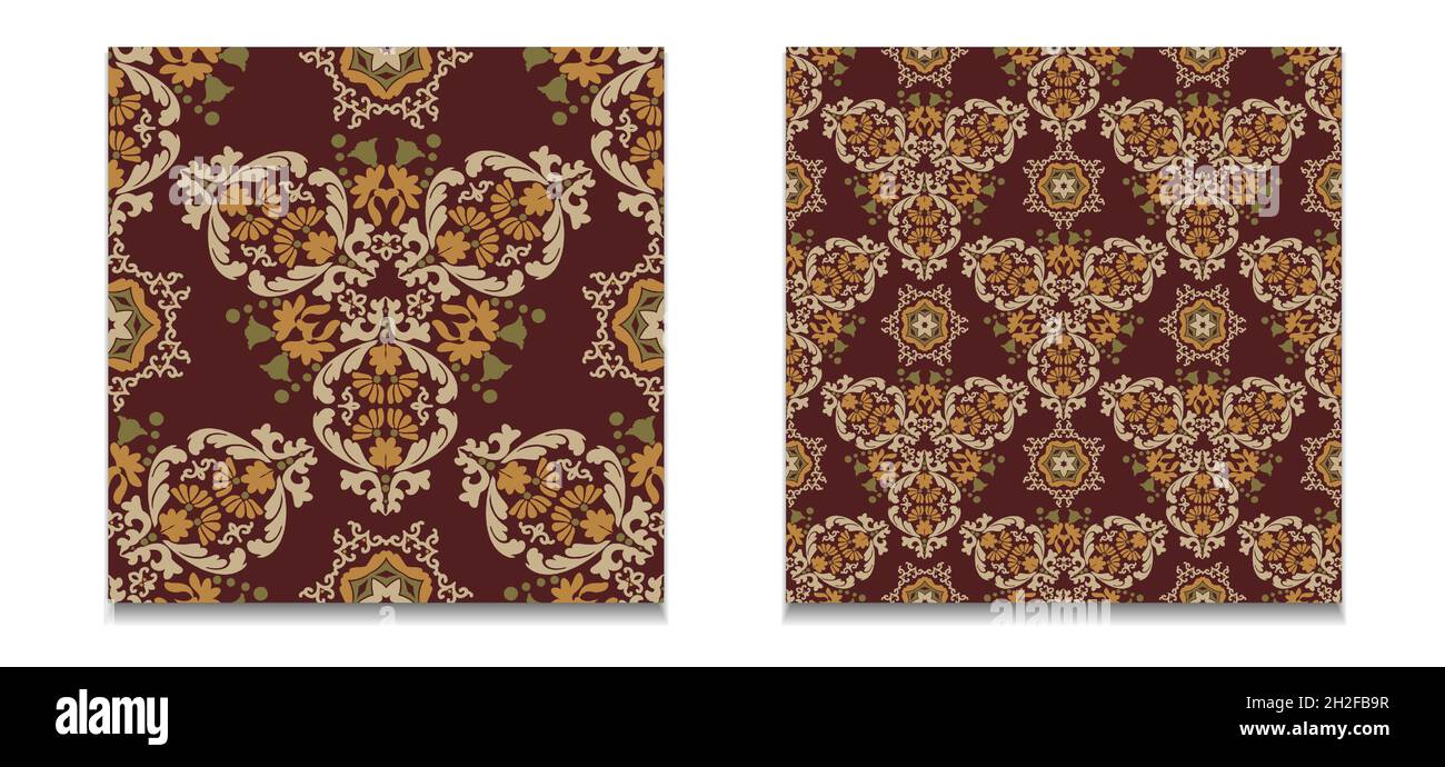 Due modelli di motivi floreali vettoriali. Modelli di damasche vintage senza cuciture. Piastrelle decorative con motivi floreali. Marrone, oro, beige, verde. Illustrazione Vettoriale