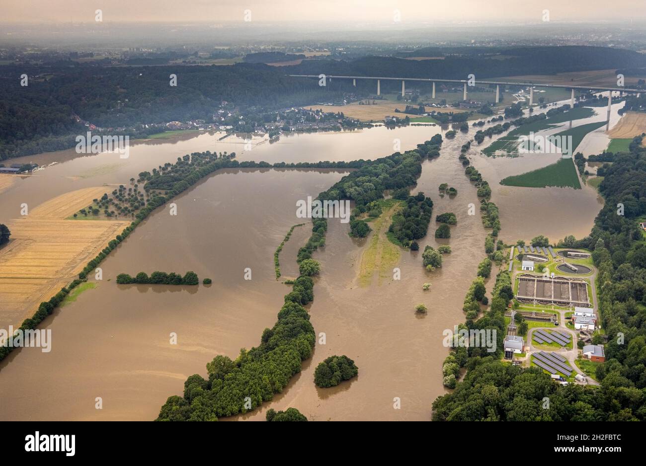 Vista aerea, alluvione della Ruhr, allagamento, Ruhr tra Essen-Kettwig e Mülheim al ponte autostradale A52, Kettwig, Essen, zona della Ruhr, Renania settentrionale-Vestfalia Foto Stock