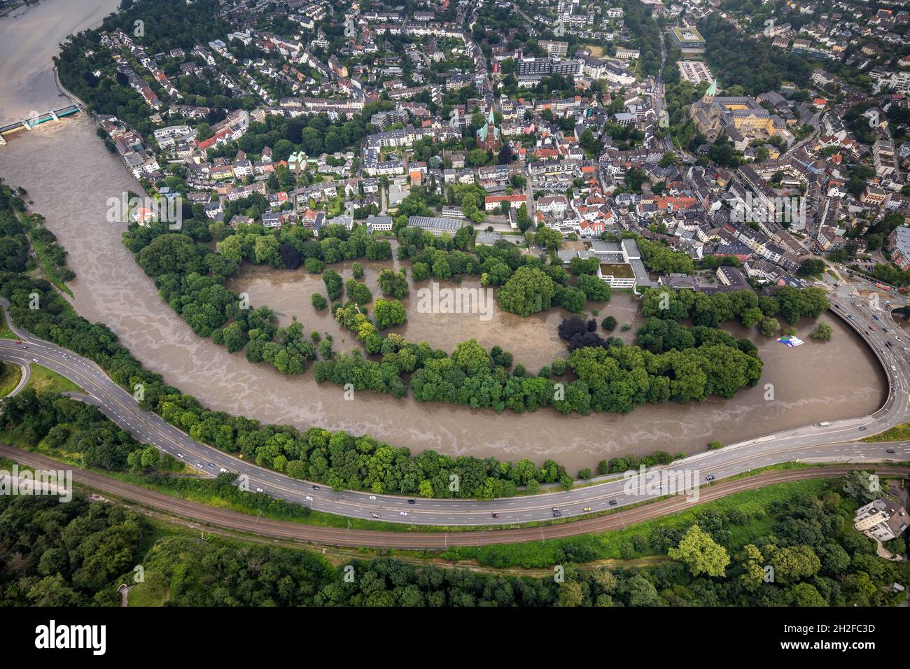 Fotografia aerea, alluvione della Ruhr, alluvione, alluvione di Brehminsel Essen-Werden, Essen-Bredeney, Essen, zona della Ruhr, Renania settentrionale-Vestfalia, Germania, Luftbild, Foto Stock