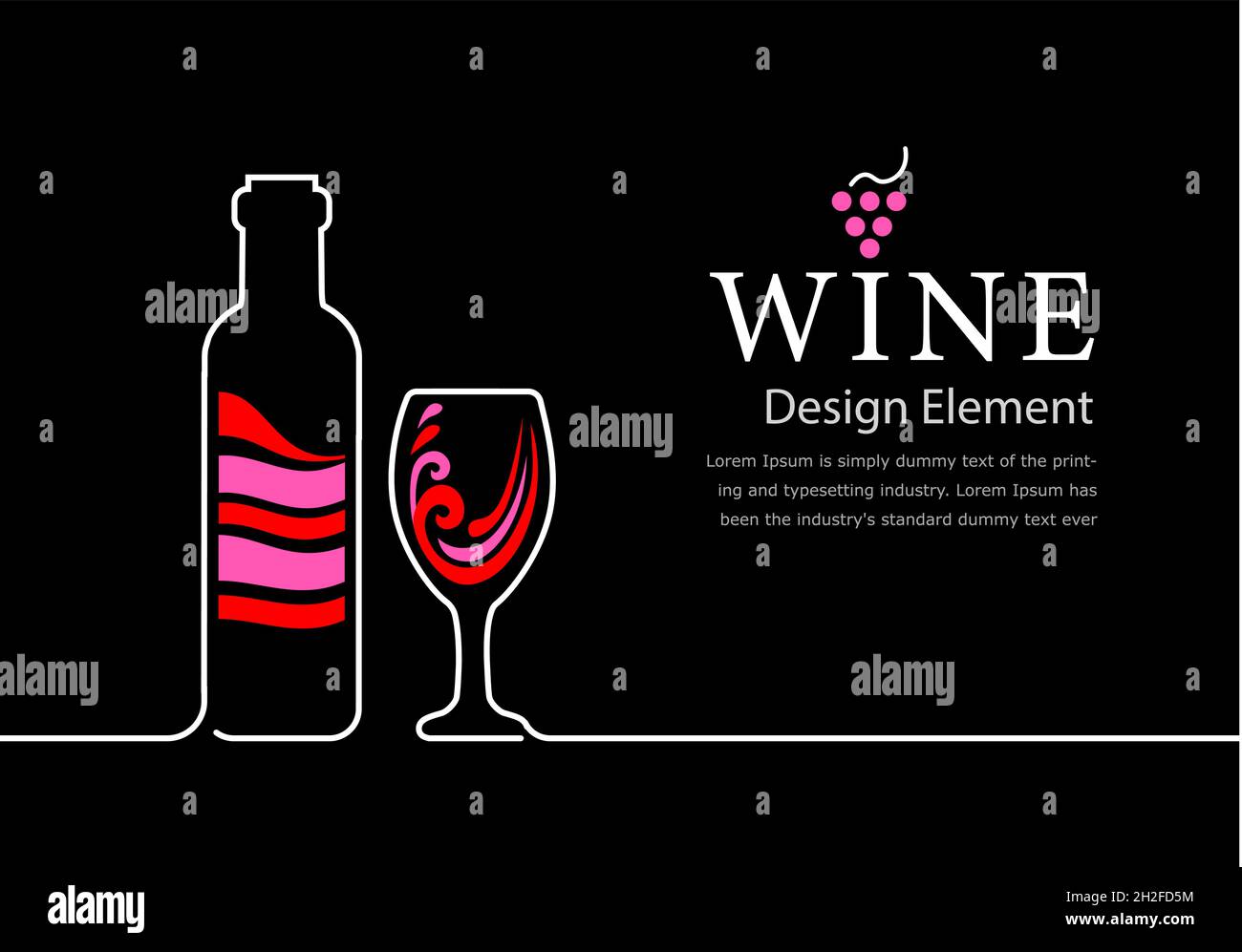 Lista dei vini di design per il ristorante, il bar o il negozio di alcolici. Bottiglia di vino piena. Illustrazione Vettoriale