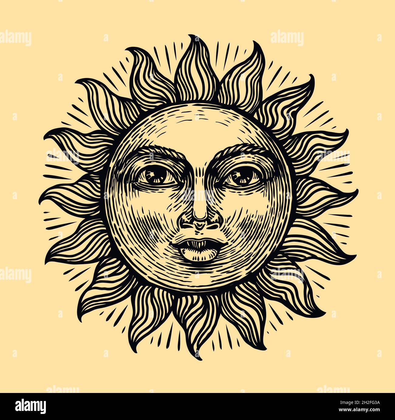 Sole con faccia. Schizzo del simbolo di astrologia. Illustrazione vettoriale vintage disegnata a mano in stile incisione Illustrazione Vettoriale