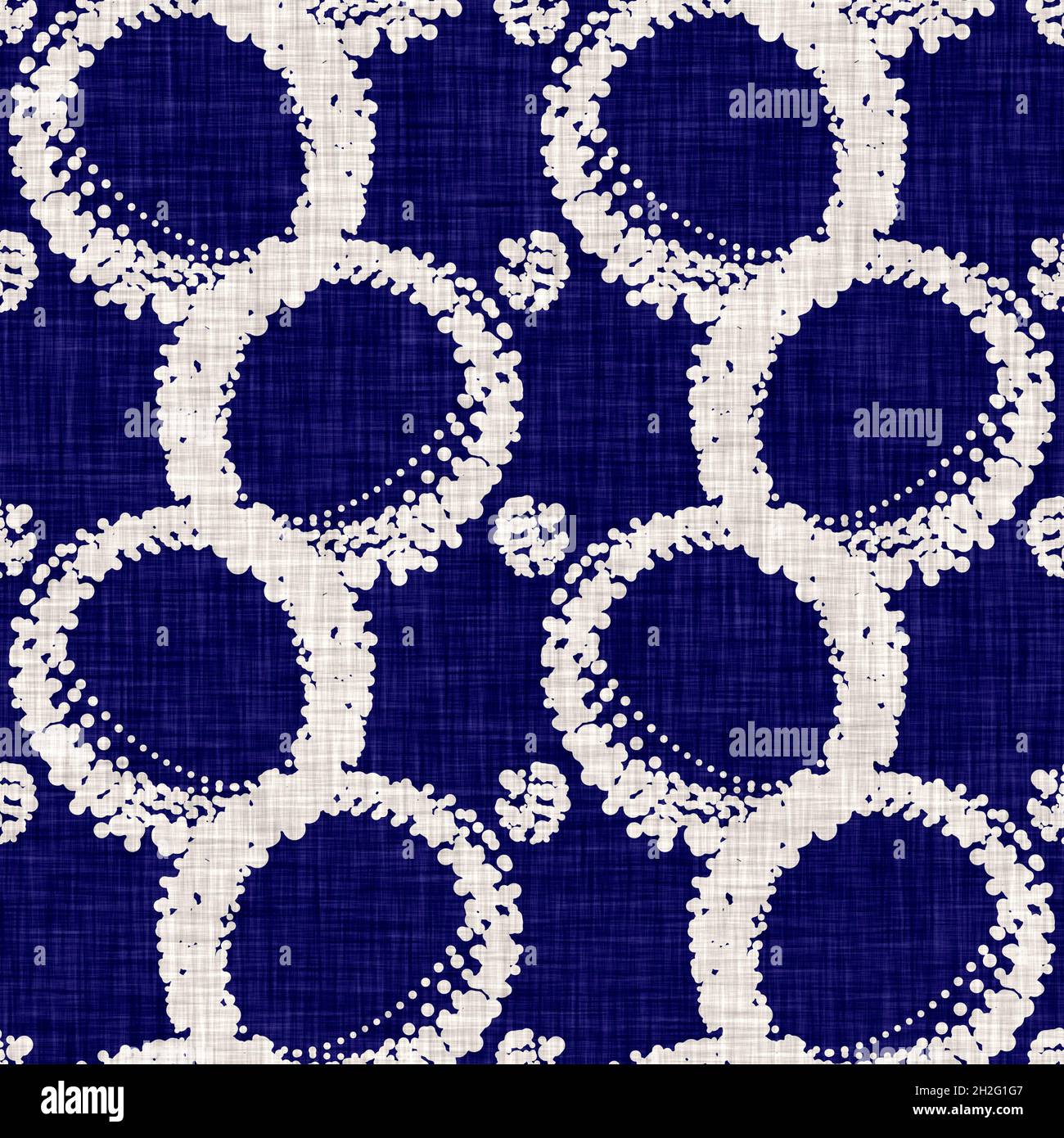 Texture indaco-cerchio senza cuciture. Sfondo blu effetto boro cotone tinto. Giappone ripetizione batik modello di resist. Stampe asiatiche stellato Foto Stock