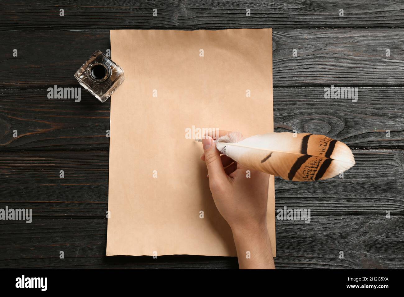 Donna usando penna di piuma per scrivere con inchiostro su pergamena a  tavola di legno, vista dall'alto. Spazio per il testo Foto stock - Alamy