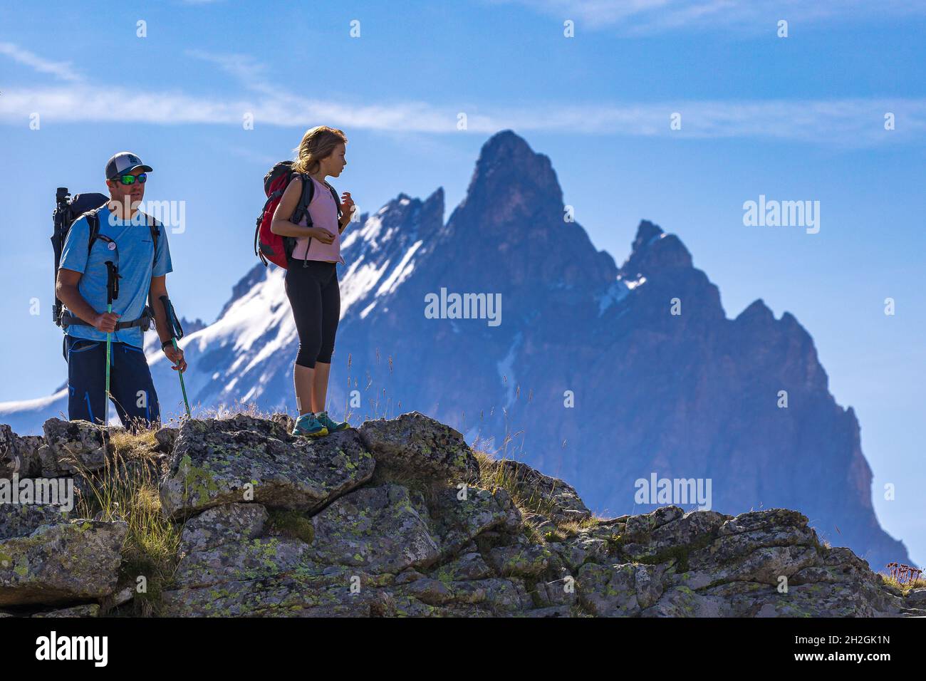 HAUTES-ALPES (05), LA GRAVE, SERRE CHEVALIER, PARCO NAZIONALE DEGLI ECRINS, ALTOPIANO EMPARIS, ESCURSIONI CON ALEXANDRE PUECH, GUIDA DI MONTAGNA CON ORIZZONTI MOUNTAI Foto Stock