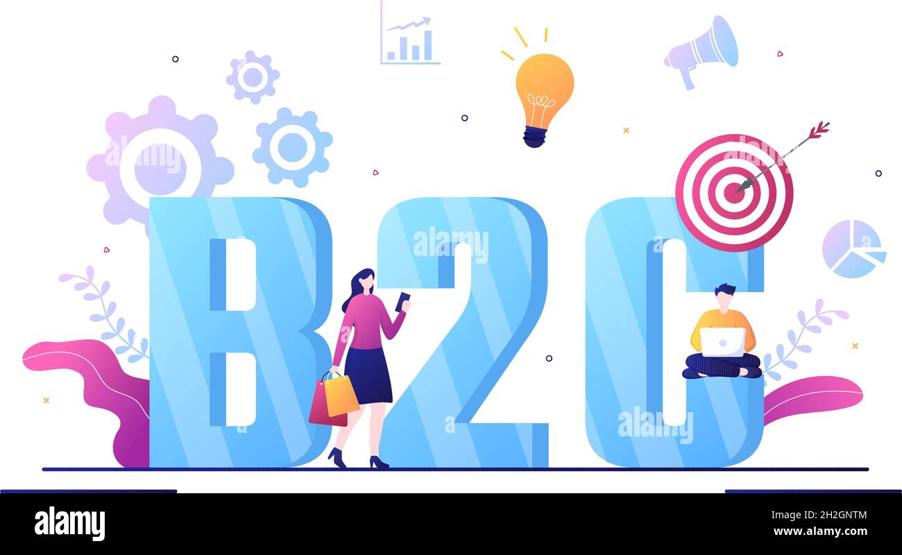 B2C o Business to Consumer Marketing Vector Illustration. Gli uomini d'affari e la strategia di insieme di cliente, le vendite, commercio raggiungono la transazione concordata Illustrazione Vettoriale