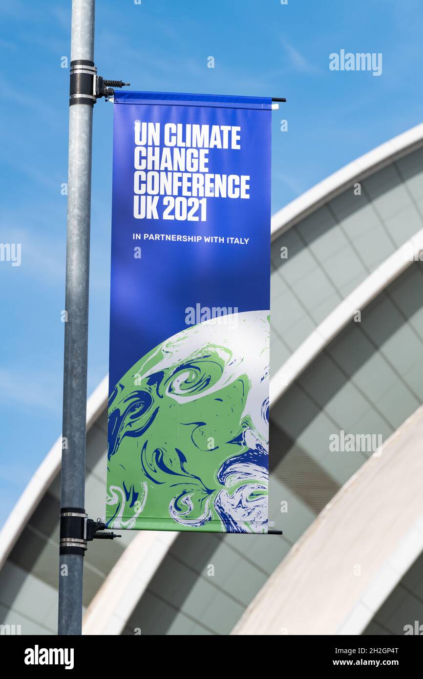 Conferenza ONU sui cambiamenti climatici UK 2021 cartello COP26 davanti alla sede SEC Armadillo, Glasgow, Scozia, Regno Unito Foto Stock