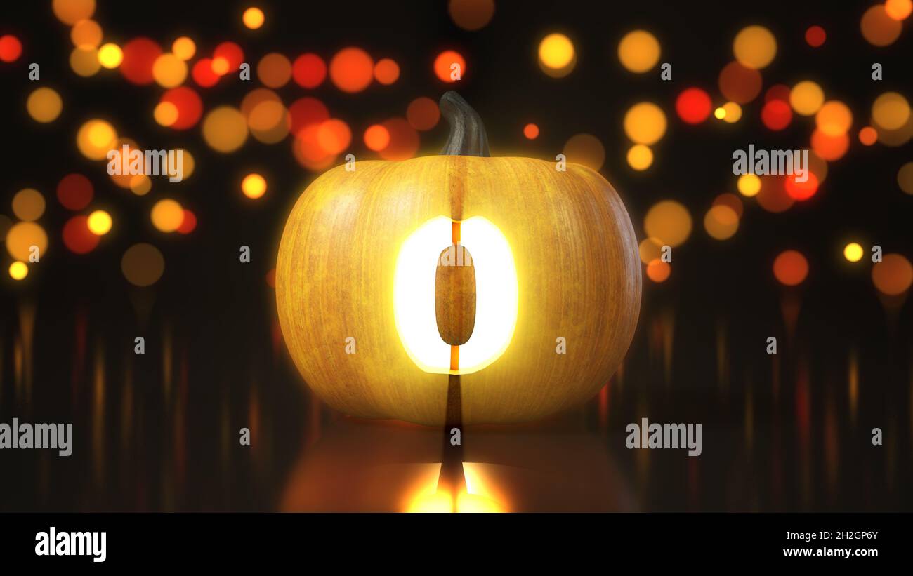 Numero 0 scolpito sulla zucca di Halloween. illustrazione 3d con effetto bokeh sullo sfondo. adatta per temi di halloween, alfabeto e vendita vacanze. Foto Stock